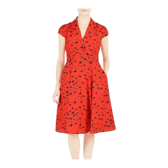 eShakti Red Midi Dress with Black Floral Pattern - Picture 1 of 14